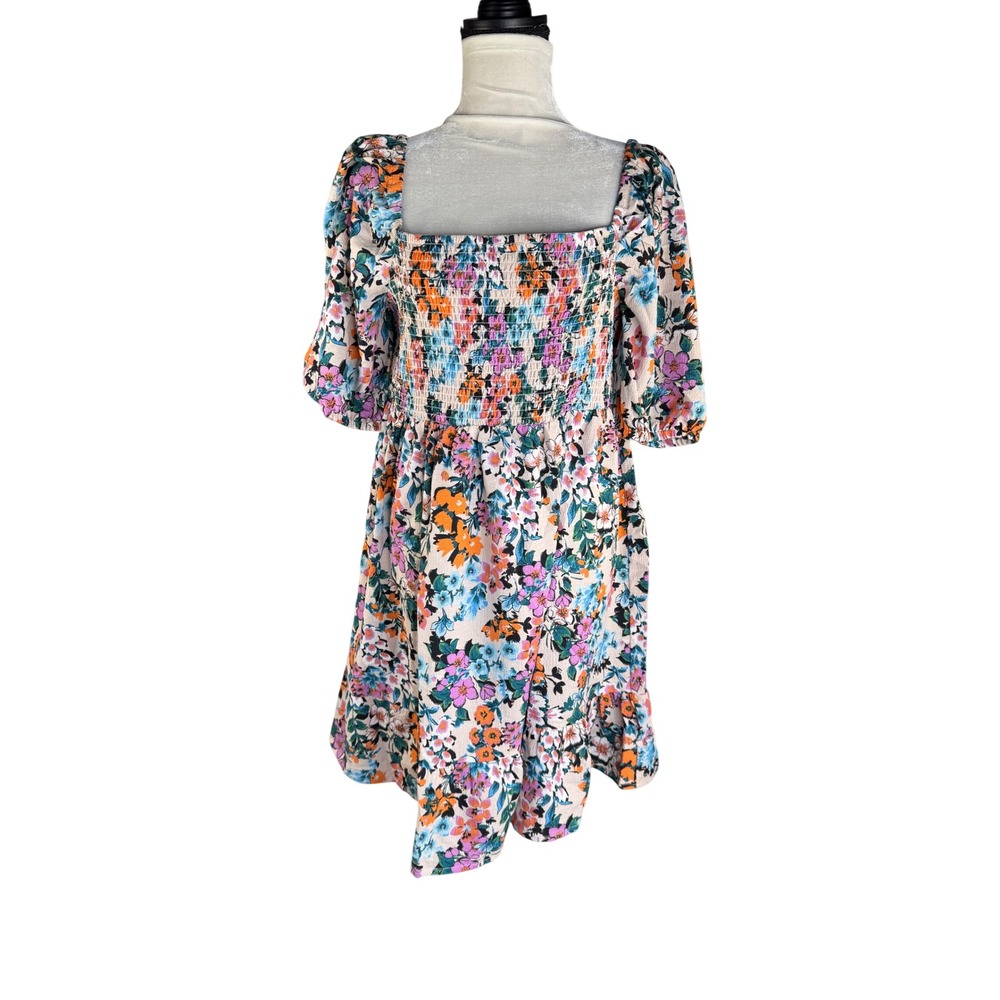 BCBGeneration Floral Smocked Mini Dress Garden Multi Puff Sleeve NWT Large